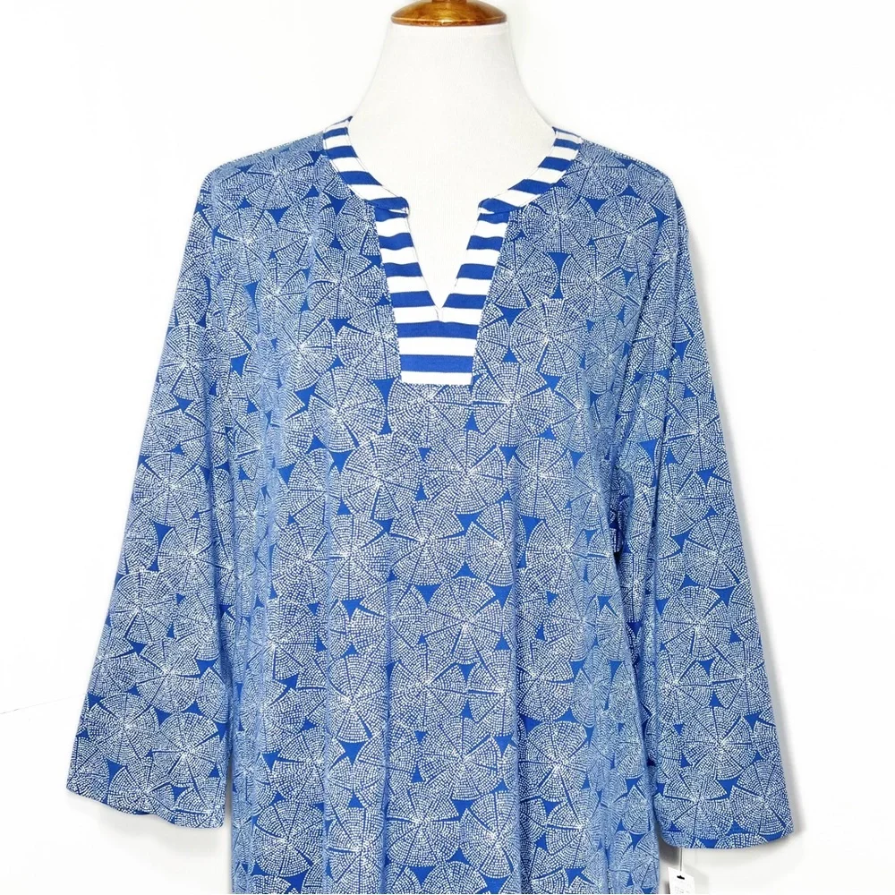 SOLD-NWT Talbots Geometric Striped Blue White V Neck 3/4 Sleeve Pullover Tee - Picture 2 of 9